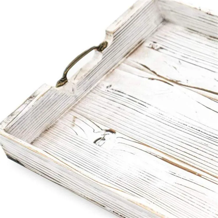 Distressed White Farmhouse Durable Solid Pine Wood Serving Trays and Platters