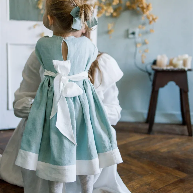 Custom Fall Baby Toddler 100% Linens Natural Organic Sky Blue Mosaic Boho Little Girl Casual Dress Girls Dresses