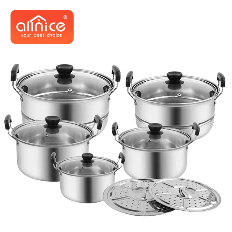 Wholesale OEM ODM Serving Stainless Steel 5pcs Soup Pot Set Kitchenware Juego De Ollas With Glass Lid