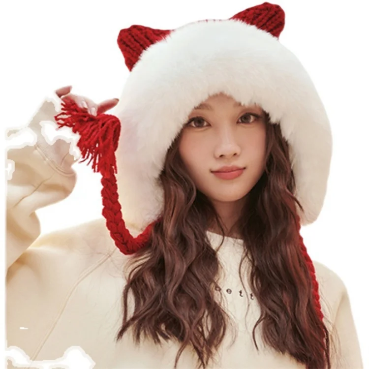 2023 Winter Warm Fur Knitted Hat Lady Outdoor Thicken Plush Fluffy Cap With Cat Ears Russian Hats for Women Girls Beanie Cap
