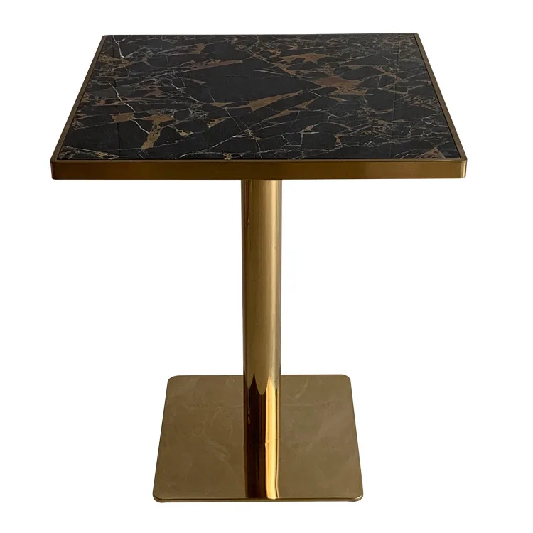 Популярный дизайн, латунная блестящая золотая основа из нержавеющей стали, черная мраморная столешница, мебель для ресторана, бистро, квадратный обеденный стол (1600536386249)