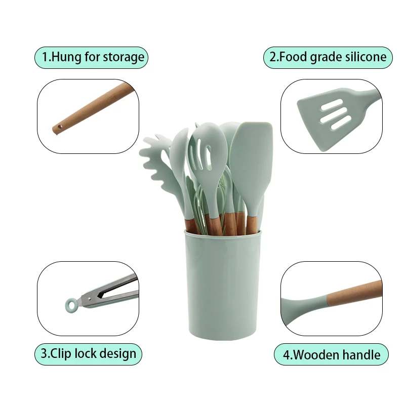 12Pcs Colorful Silicone Tongs Camping Kitchenware Cookware Cooking Tools Kitchen Accessories Utensils Set With Wooden Handle