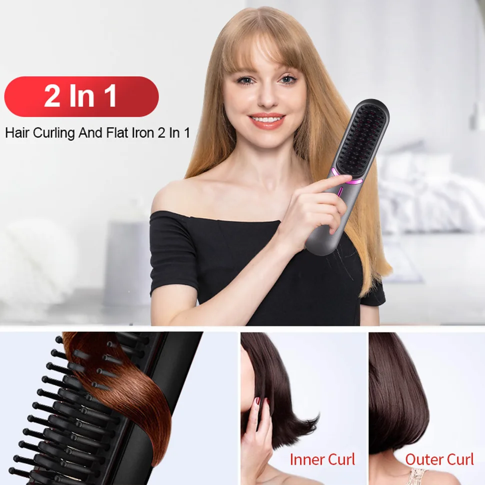 2024 hot sales Rechargeable Portable Negative Ion Professional Portable Wireless Usb Travel Cordless Hair Straightener Brush