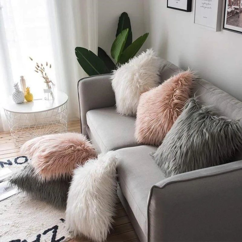 Amity Home Decorative Sofa Long Faux Fur Throw Pillow Cover Solid Color Soft Mongolian Fur Pillow Cushion Cases