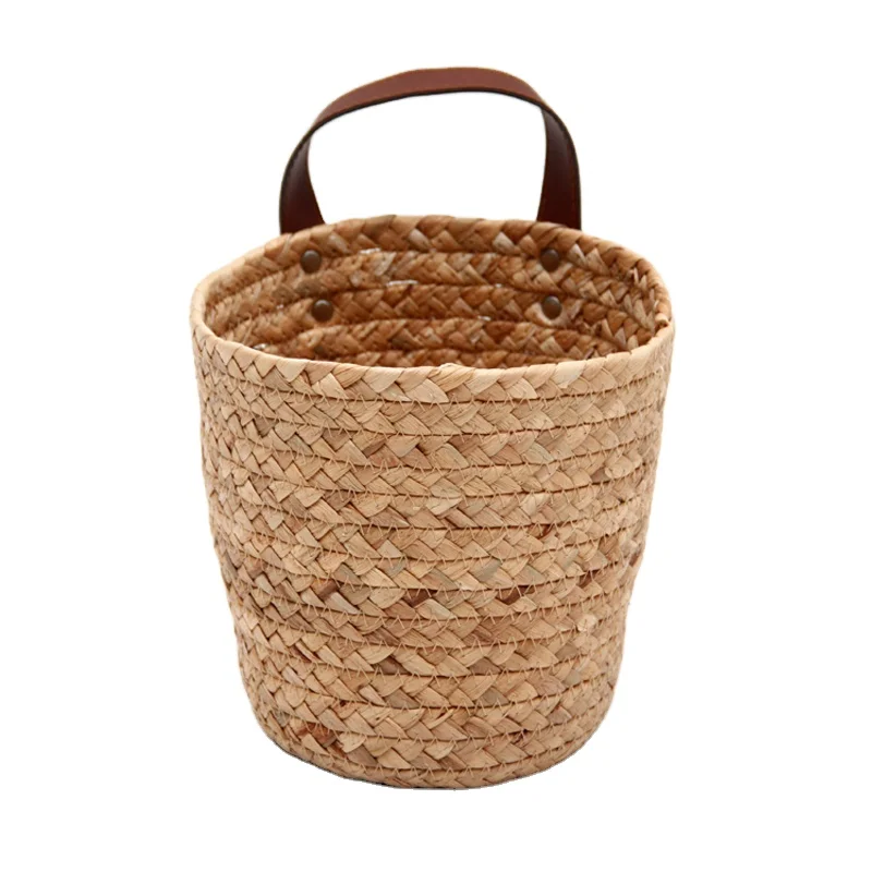 Woven Gourd Grass Braid Round Storage Basket with Leather Handle for Kitchen Vegetable