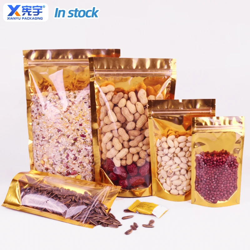 Inventory Yin Yang zipper gold aluminum foil vertical bag polyester film zipper food bag front window transparent