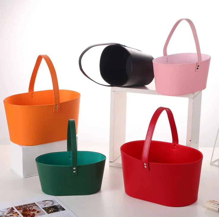 Custom logo luxury bouquet leather packaging cardboard boxes flower box rose paper gift packaging bucket flower box with handle