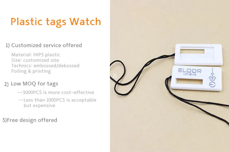 Watch Hang Tags Custom Quality Embosed Logo Authentic Hologram Plastic Garment Tags with Nylon String on Two Ends White Plastic