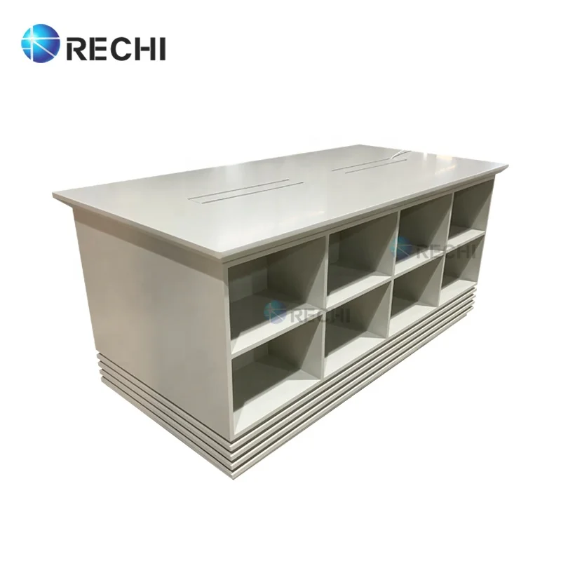 RECHI Custom White Smartphone Retail Display Counter Table With Lighted Accessory Storage Cabinet For Phone Shop Design & Refit