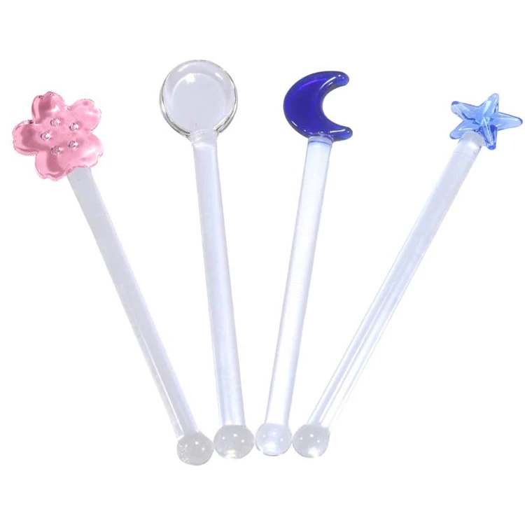 Handmade lovely pink Heart,star,moon,flower shape decorative glass drink stir swizzle sticks frozen drink cocktail bar stirrer