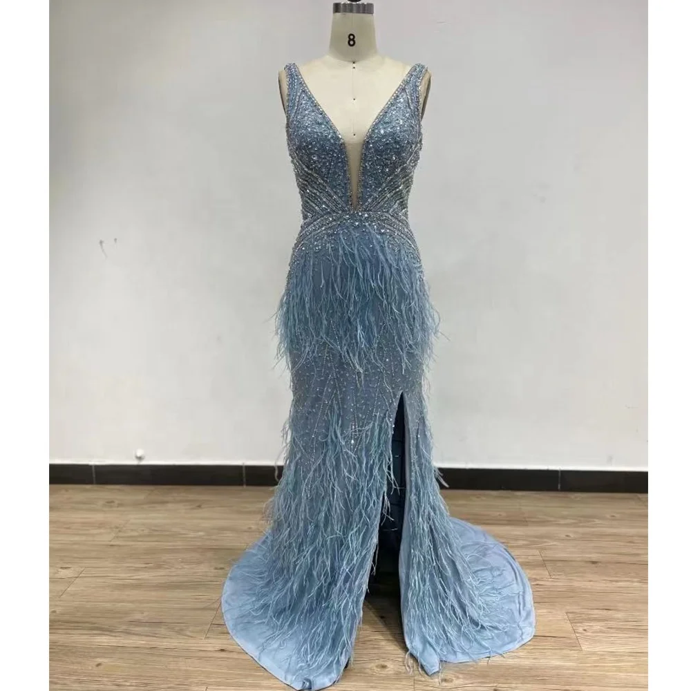 2022 New Handmade Beading Mermaid Evening Dresses With Feathers Sexy Split  Long  Evening Gowns For Women Party