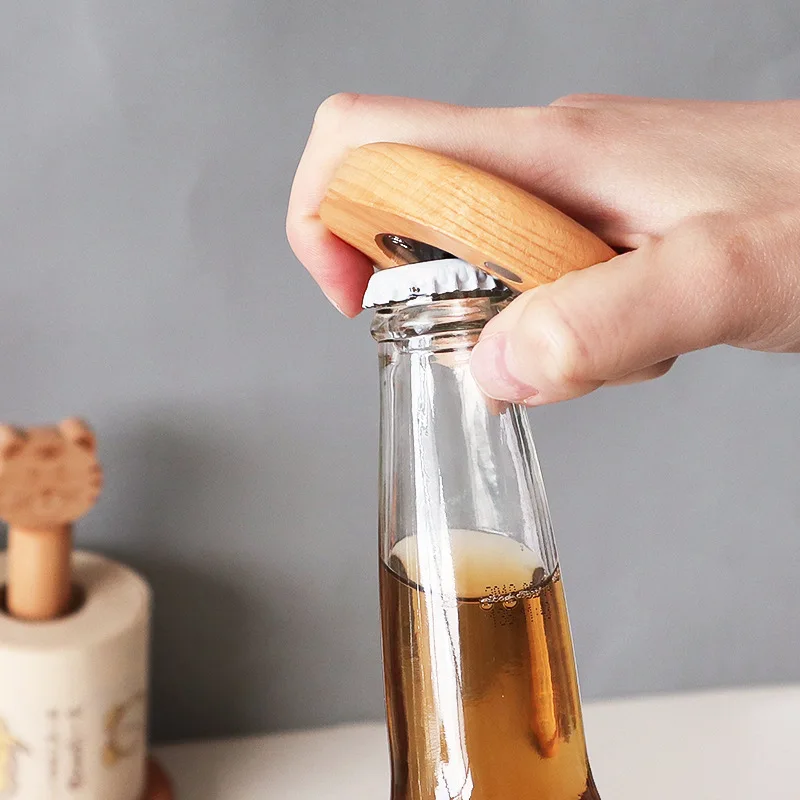 Promotional Fridge Magnet Round Bamboo Wood Beer Bottle Opener for Wedding Gift