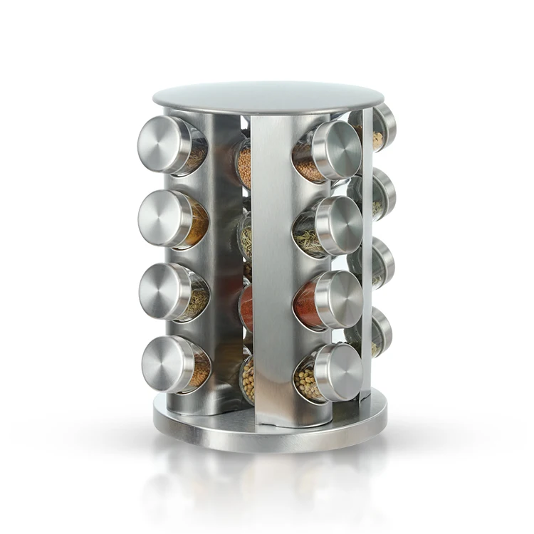 stainless steel multi-layer seasoning storage 16 glass spice bottle jars with metal airtight cover and rotating rack set
