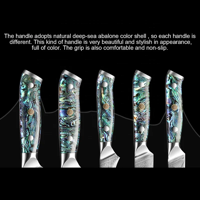 5PCS Damascus Steel Set Damascus VG 10 Chef Knife Set Japanese Santoku Knives with Exquisite Shell Abalone handle