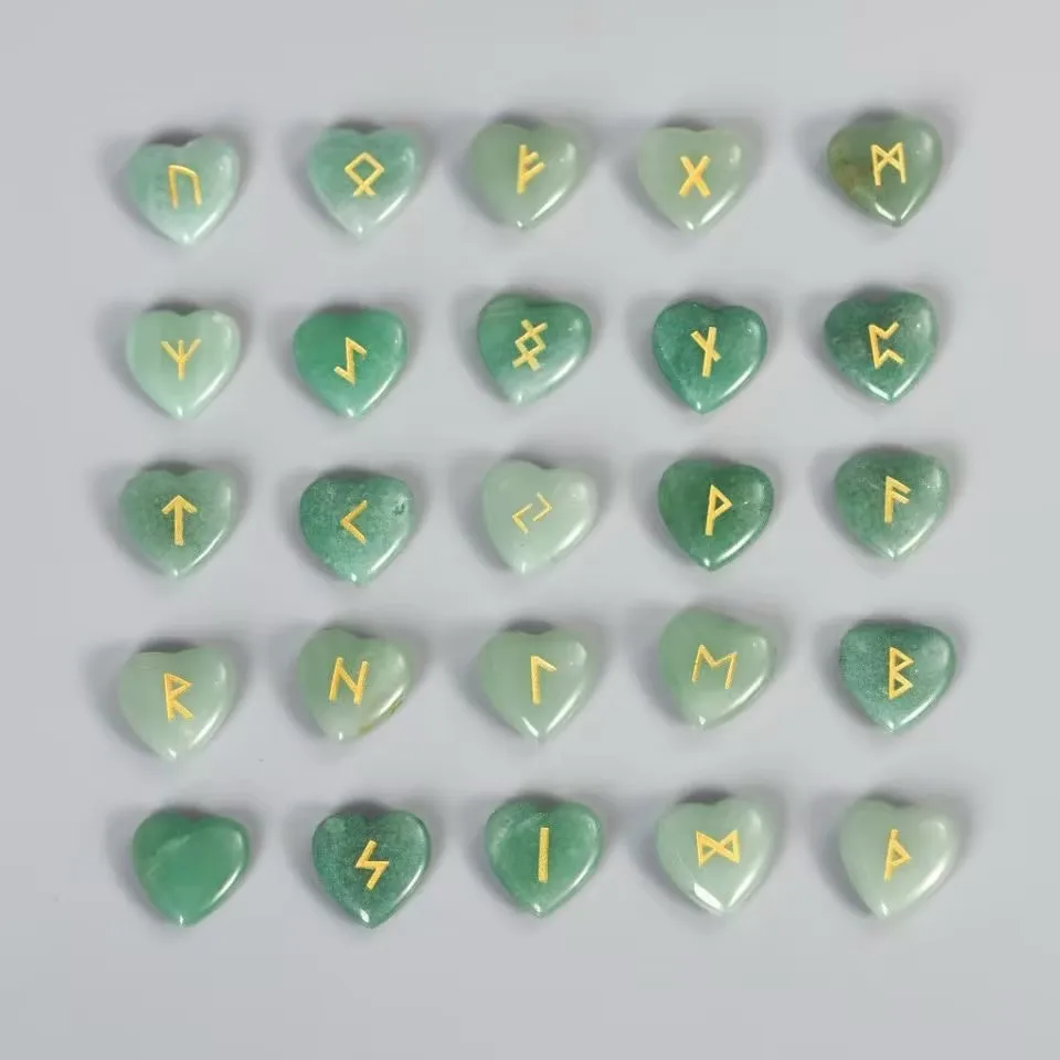 Set of 25 Engraved Natural Green Aventurine Crystals Gemstone Fortune-Telling Reiki Energy Divination Stones for Rune Heart