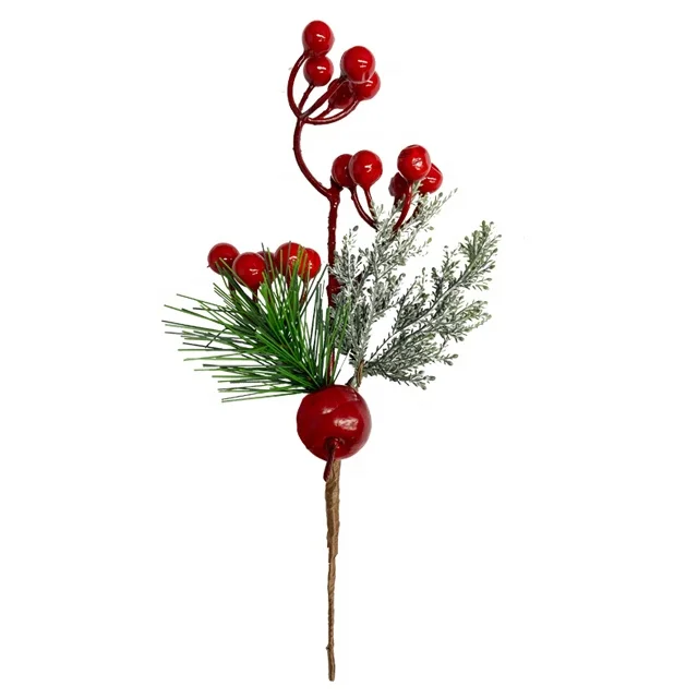 artificial pine needle branch red berry stem artificial pine spray  pick christmas pine picks christmas flower picks