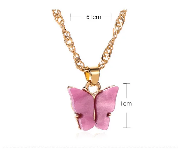 Trendy butterfly necklace alloy resin acrylic fashion charm pendant gold blue pink acrylic animal necklace butterfly