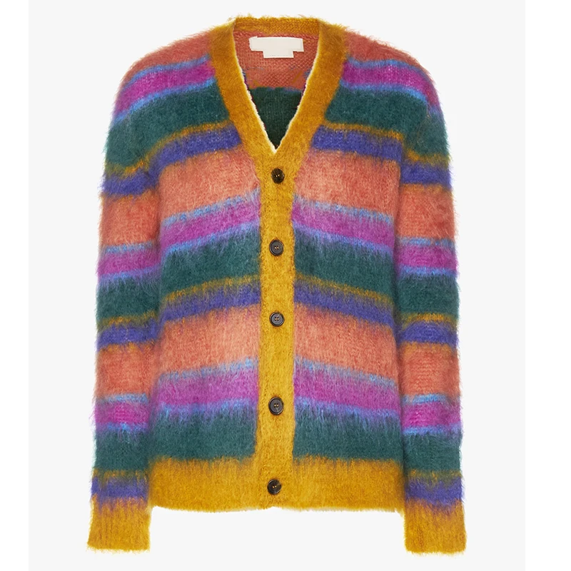 2023 Custom OEM & ODM mohair men sweater Fuzzy designer knitwear winter Striped mohair knitted custom Cardigan knit sweater men