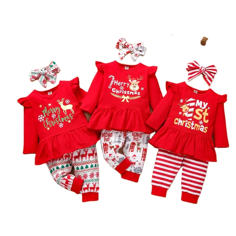 New RTS Cute Autumn Clothing Red Winter deer Cotton 2pcs Kids Long sleeve Baby Girls Christmas Shirt tops sweater Pants Sets