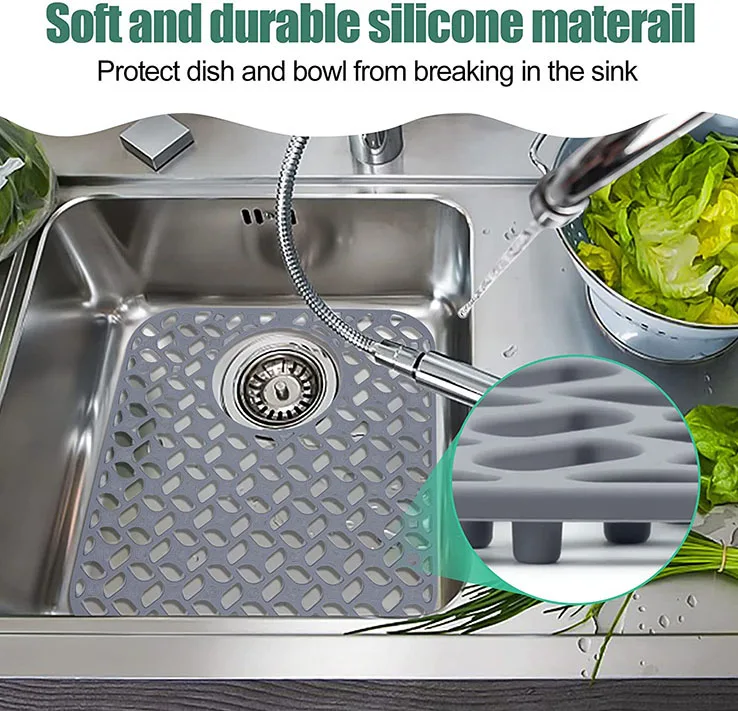 Silicone Folding Non-slip Rear Drain Kitchen Sink Mats Protector for Bottom of Farmhouse Stainless Steel Porcelain Sink