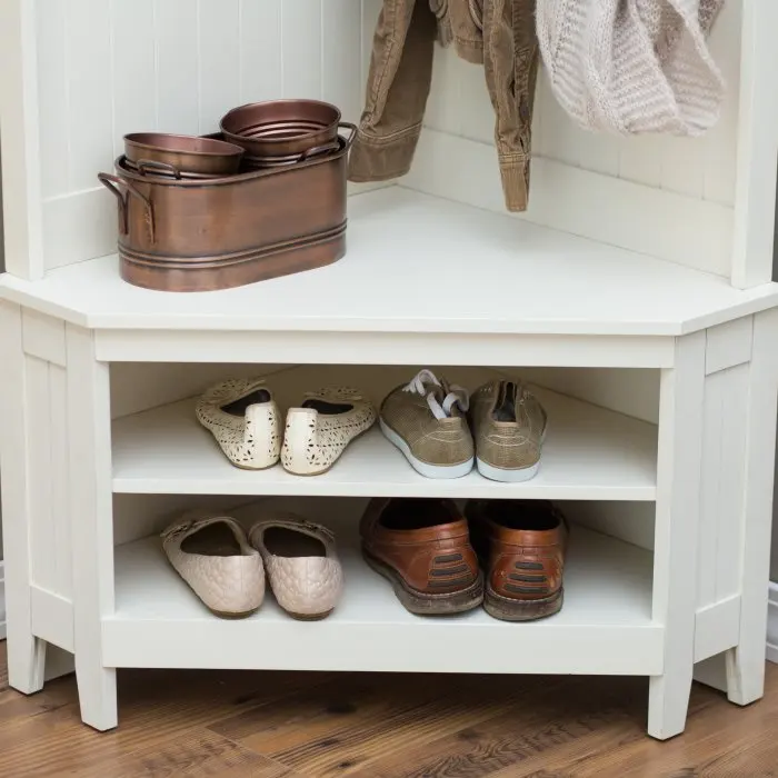 Угловая деревянная вешалка для пальто гостиной с залом и скамейкой для хранения обуви