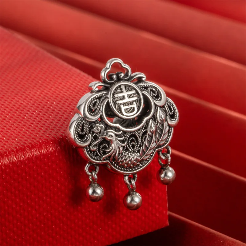 Chinese style s999 silver ancient style auspicious Phoenix lock pendant retro Xiangyun hollowed out Ruyi peace lock