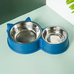 Four color wholesale cat ear design cats and dogs household double bowl pp kitten pet food drinking stainless steel double bowl