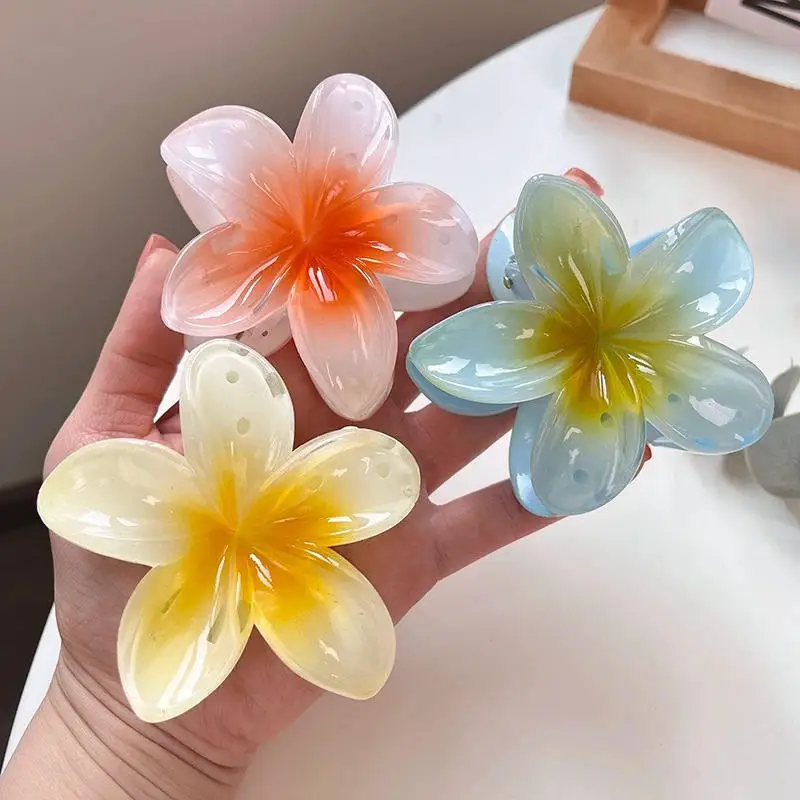 8cm Summer Holiday Egg Flower Clamping Girls Frangipani Plumeria Flower Hair Claw Clip Back Spoon Hair Shark Clip