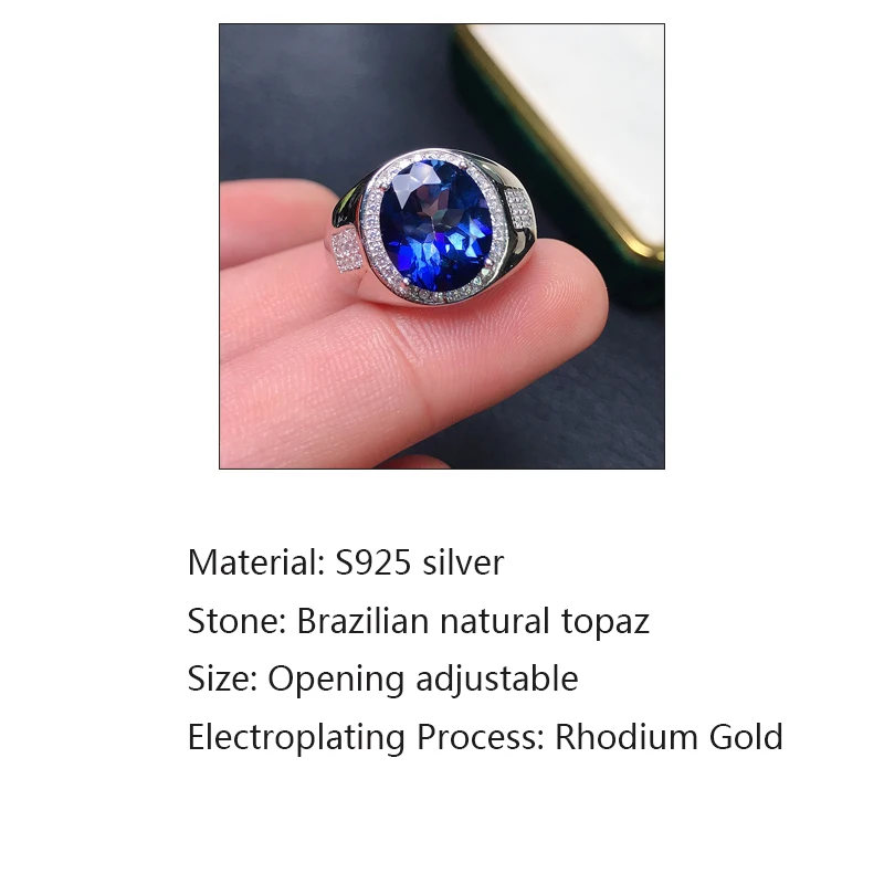 925 Silver Inlaid Natural Tanzanite Topaz Open Ring for Men