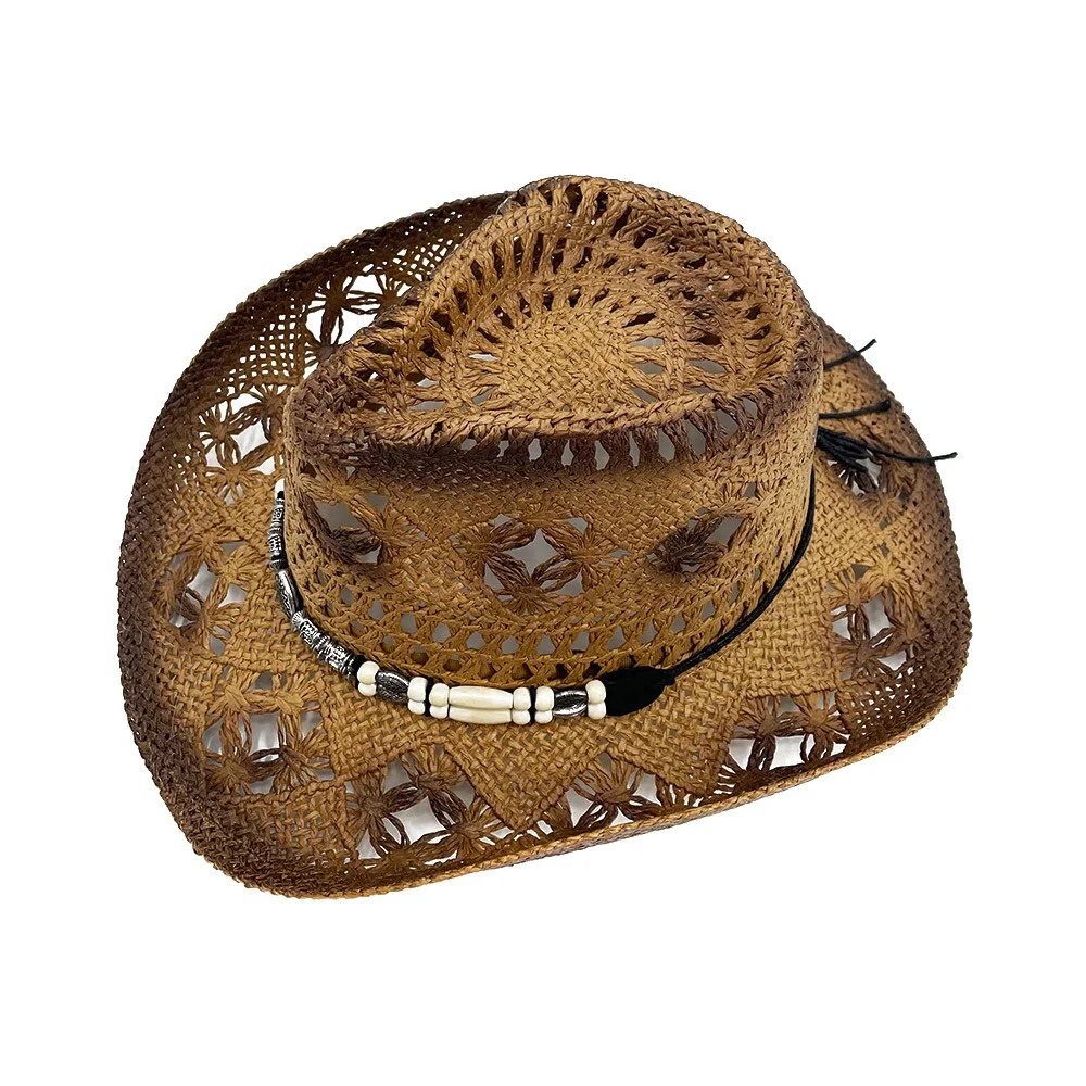 Ковбойская соломенная шляпа в западном стиле с мягкими полями от солнца отделкой из бисера ковбойская для вечеринки мужчин и