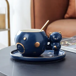 Flypeak new nordic ceramic mug coffee cup and saucer sets cute Cartoon Space bear mug cute ceramic cup with lid