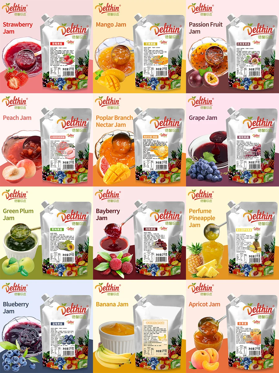 Delthin Wholesale 12 Flavors Apricot Jam Puree Jam 1kg Fruit Pulp Puree Baked Milk Tea Shop Bread Jam