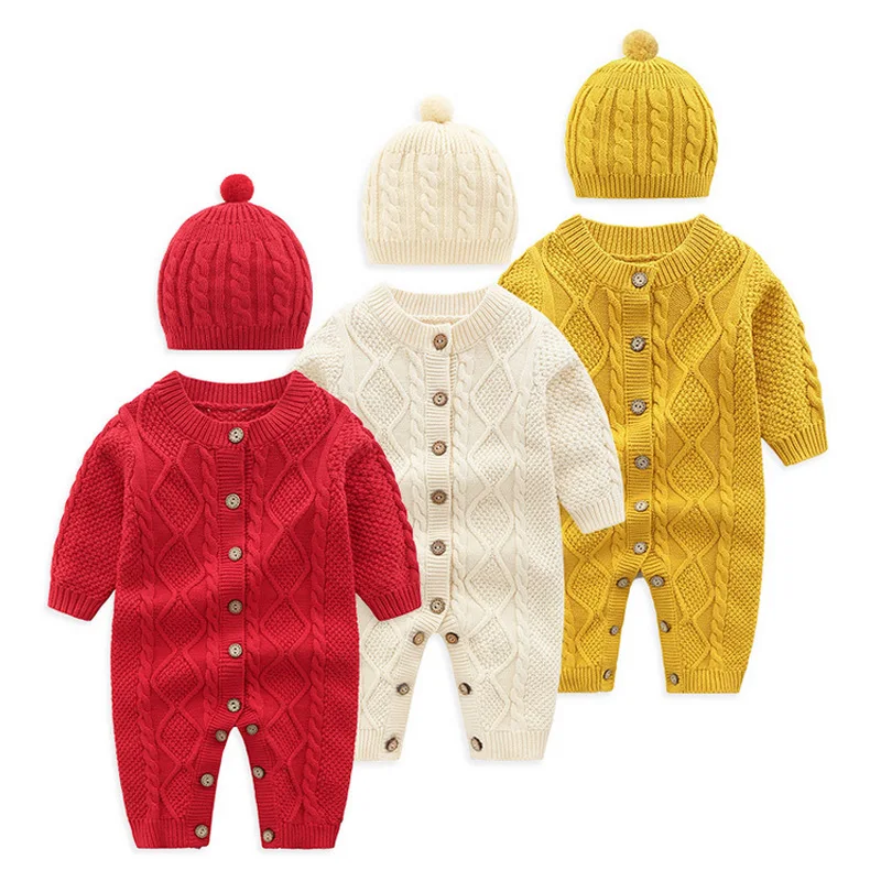 
2020 Autumn Knitted Newborn Baby Clothes Cotton Autumn Winter Baby Romper With Hat Infant Toddler Jumpsuit For Girls Boys Set 