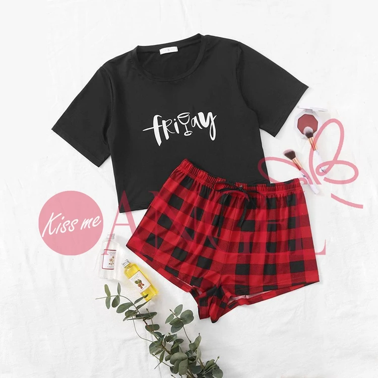 KISS ME ANGEL new arrival niche display thin dew waist letter print red plaid home clothes sexy pajamas girl