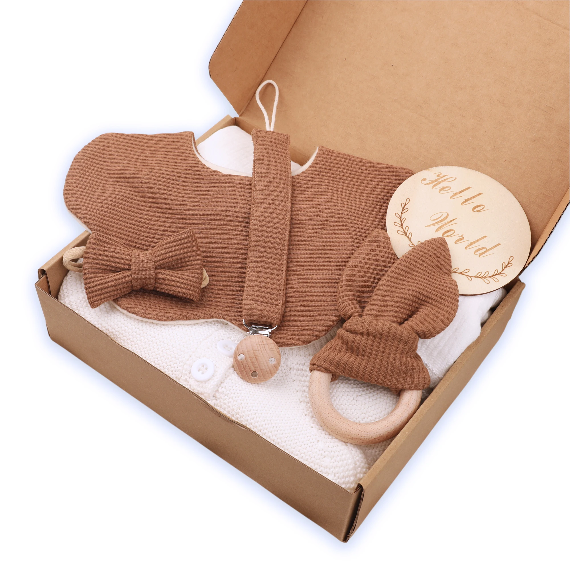 2024 Newborn Gift Set Baby Tassels Blanket Pacifier Chain Crochet Baby Jumpsuit Flora Bibs Rabbit Teether  Birth Gift Box