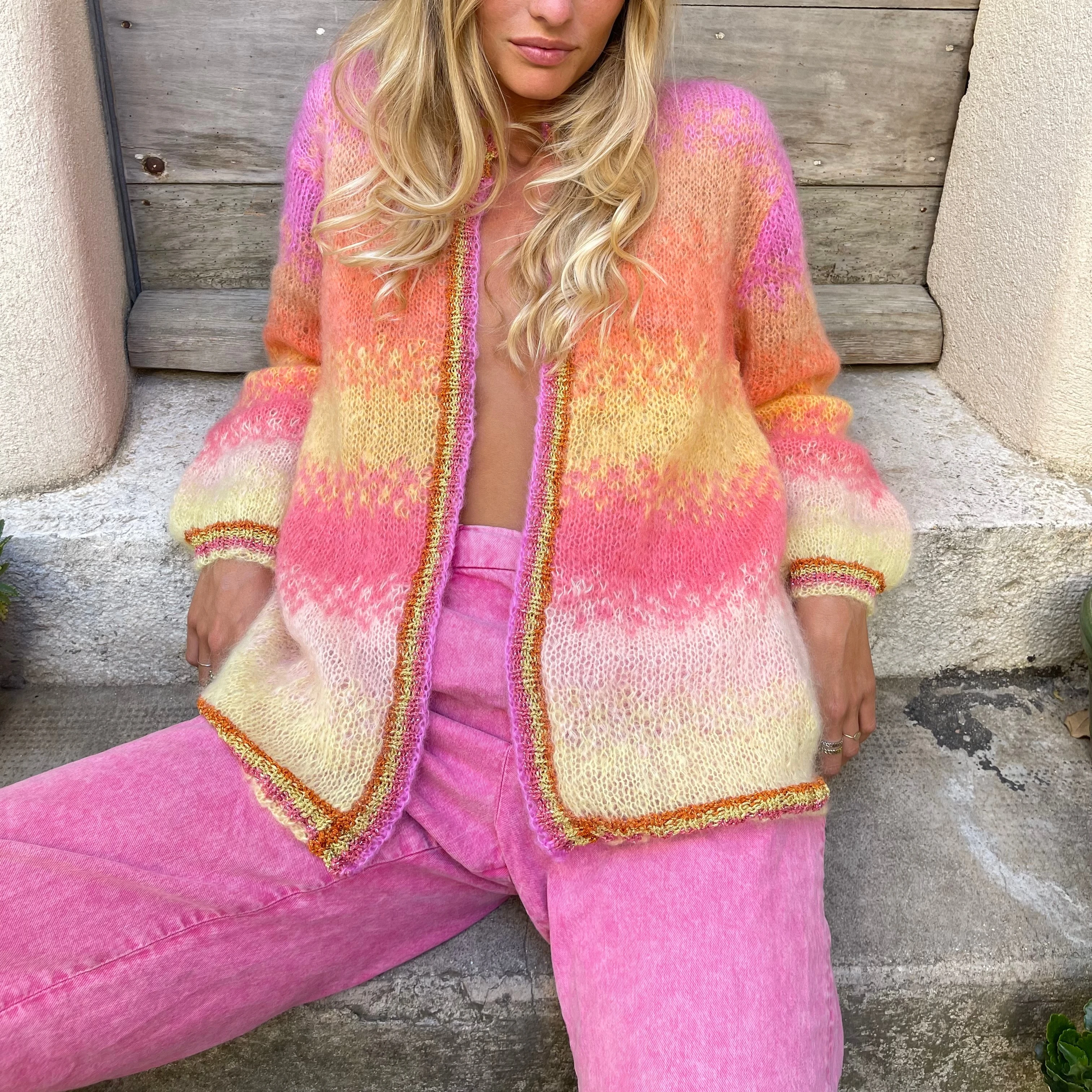 Color Gradient Color Blocking Contrast Color Mohair Wool Ladies Cardigan Sweater Long Sleeve Knit Sweater