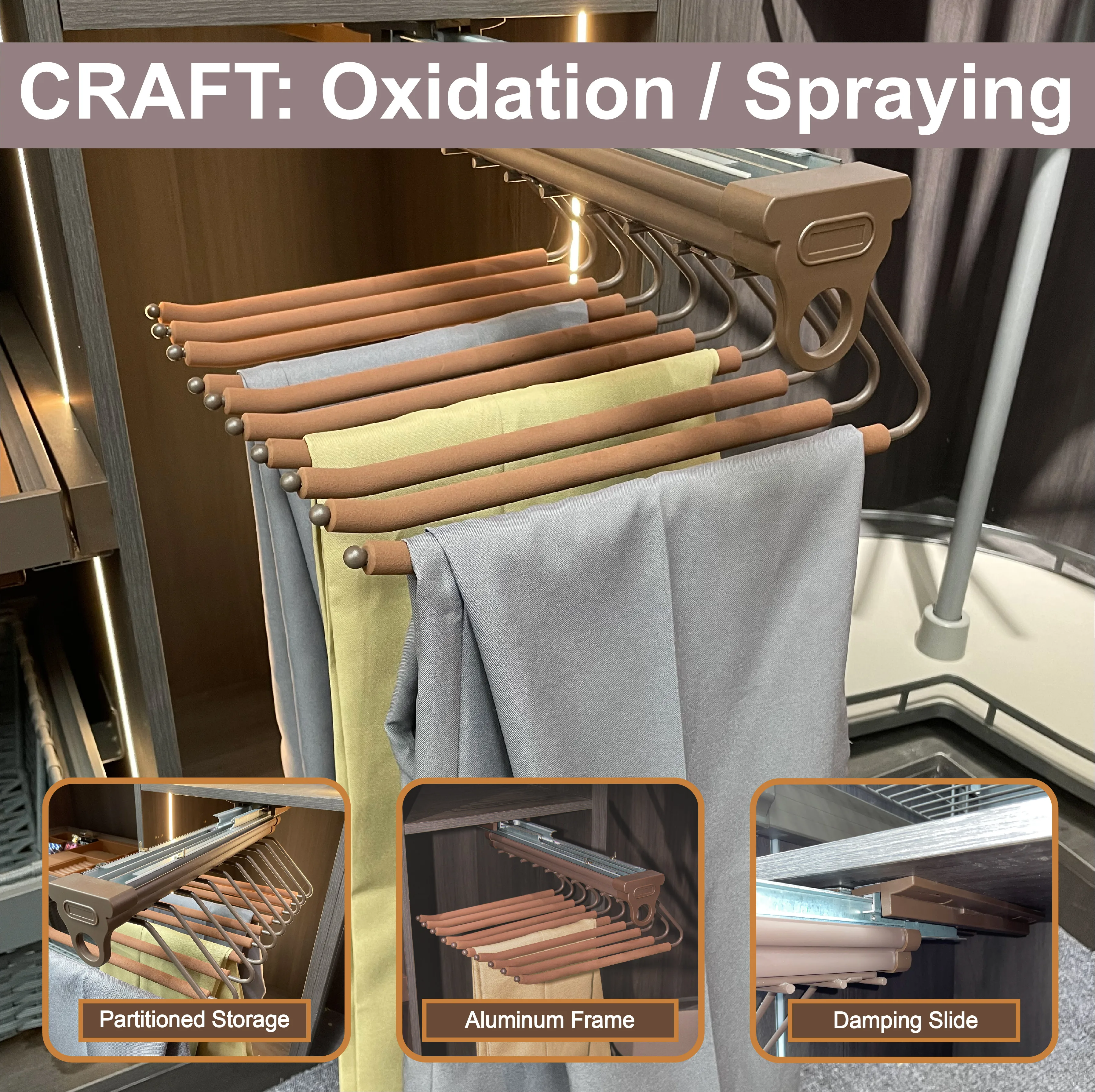 Closet Storage Essentials Rail Hanging Organizer Shelves Metal Magic Wardrobe Cloth Hanger Hook Non-slip Mocha V Trousers Rack