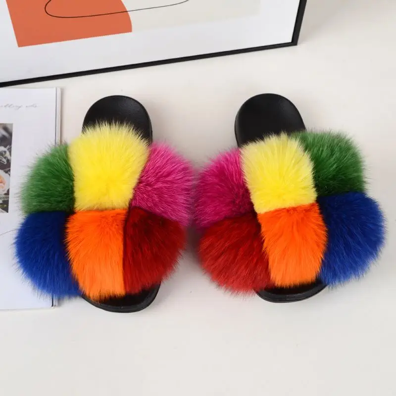 New Fashion Ladies Fox Fur Slippers Faux Futured White Furry Women Blue Slides Non-Slip Sheepskin Fuzzy Furcharm Real
