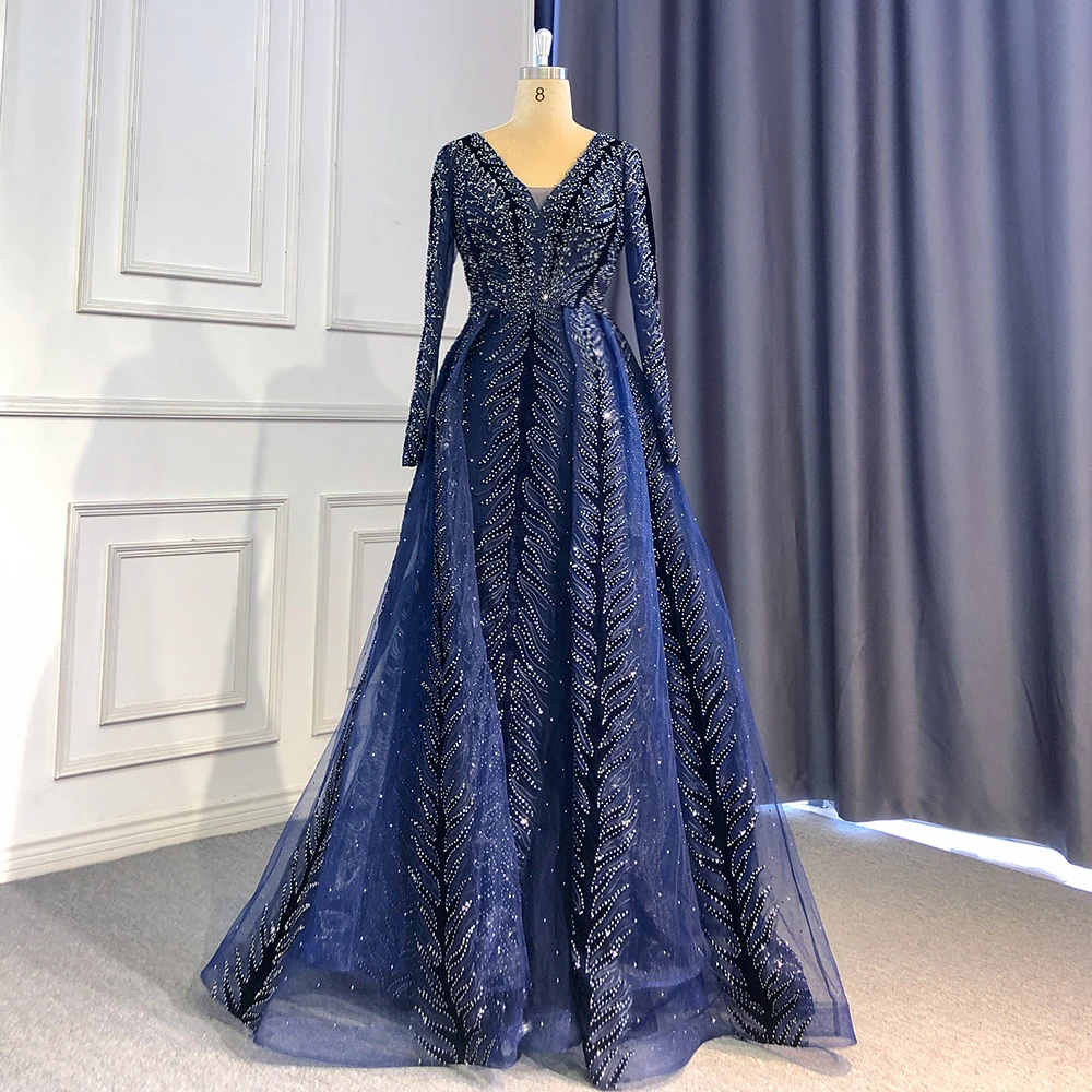 Burgundy/Green/Navy Velvet Muslin Mermaid Elegant Evening Dresses Beaded Long Sleeves With Skirt Prom Gowns