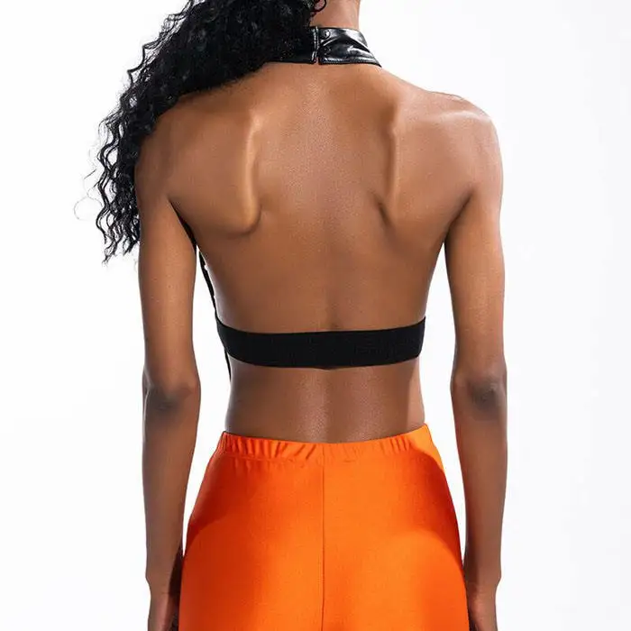 Hot sale sleeveless vegan leather mock neck open back screen printed sexy women tank top with back button