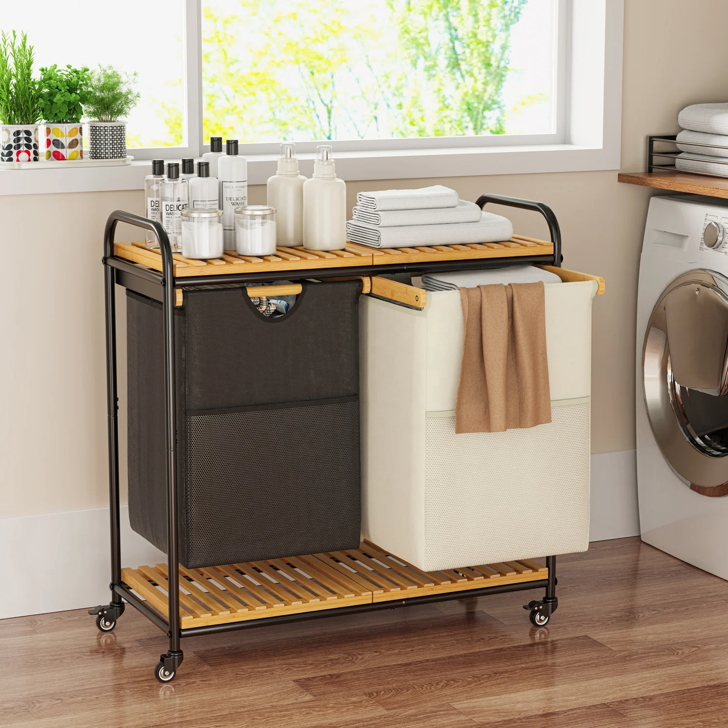 Bamboo Laundry Basket With Wheels Tall Laundry Sorter With 2 Pull Out Removable Bags and Shelves Bamboo Rolling Laundry Hamper