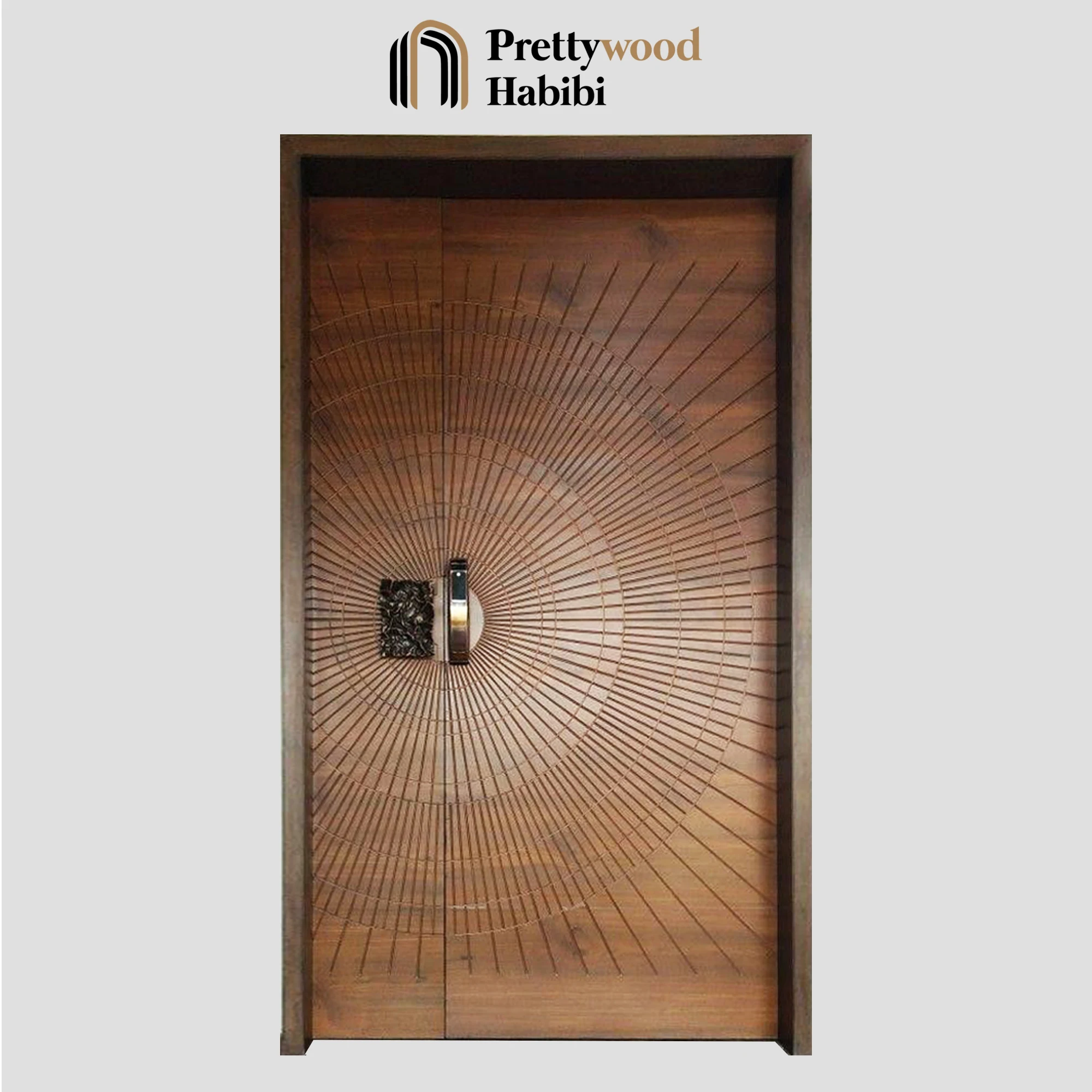 Prettywood Prehung Waterproof Luxury Modern Geometry Circle Design Double Swing Solid Wooden Arched Door For Houses