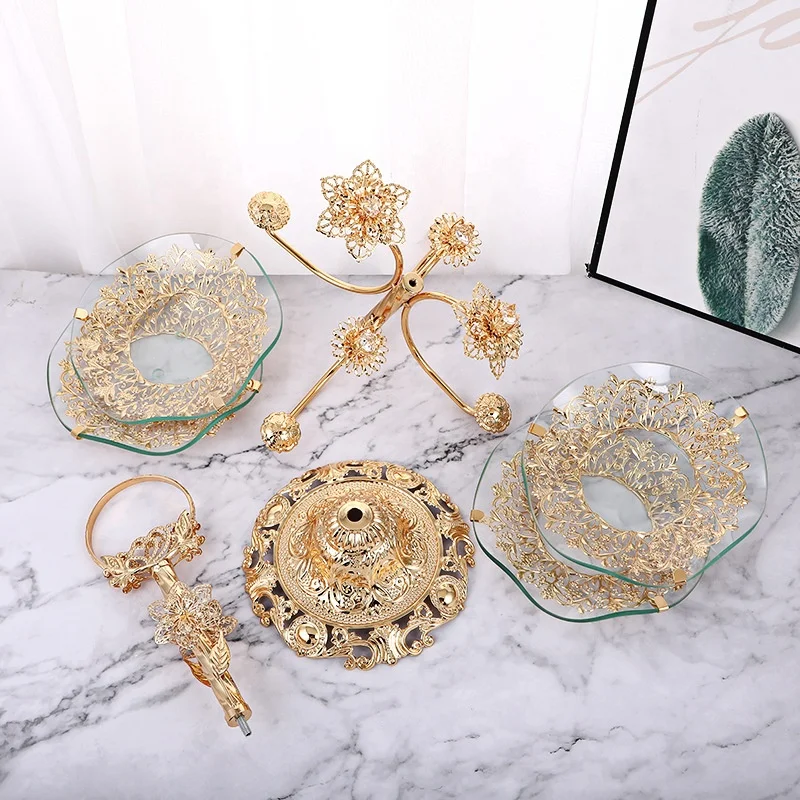Home Decorative Golden Plated Metal iron and glass Serving Candy Dry Fruit Snack Deco Rotating Storage Trays 4 Bays