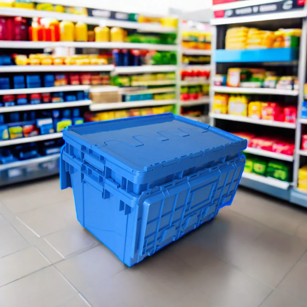 HUADING 600*400*315 Stackable Plastic Moving Crate Recyclable HDPE PP Material Embossed Print Turnover Box Food Storage Packing