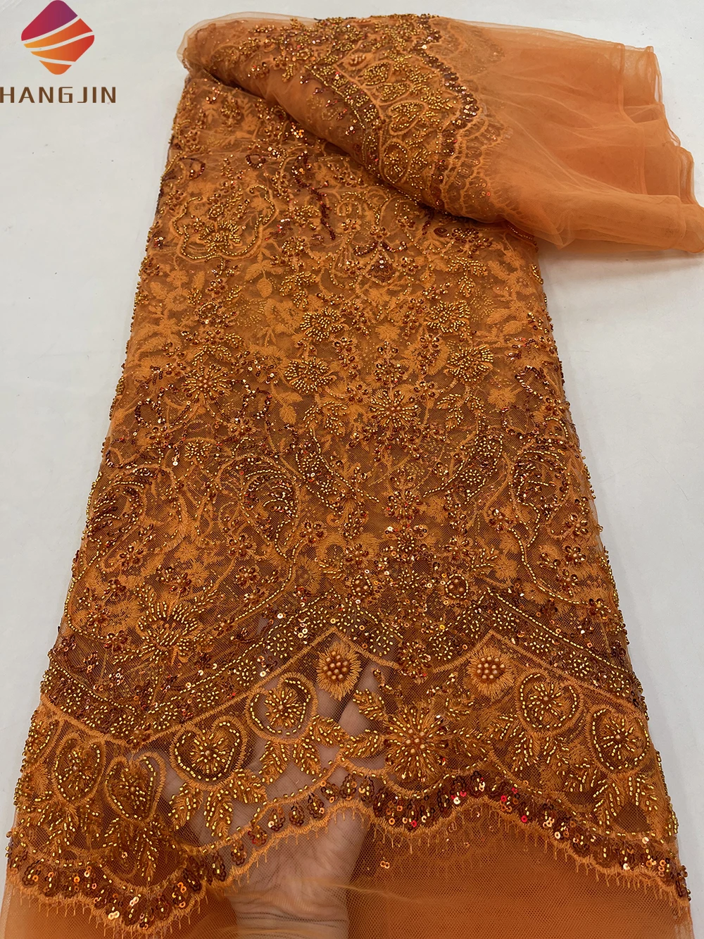 Luxury Sequins Tulle Net Lace Fabric Nigerian Beads Pearl Embroidery Hand Beaded Lace For Party