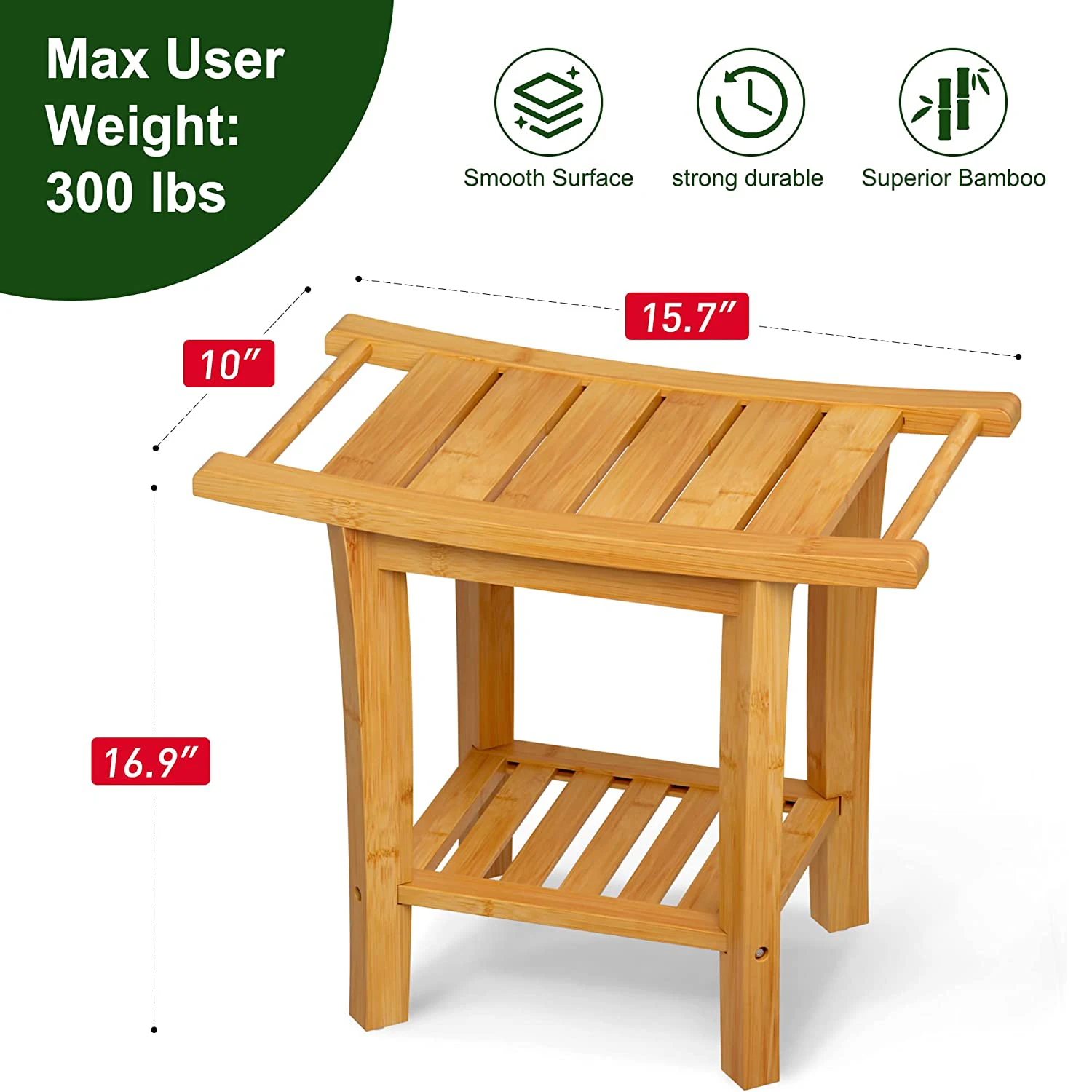 Inside Shower Seat Chair Non-Slip Feet 2-Tier SPA Shower Stool Bamboo Shower Bench for Bathroom