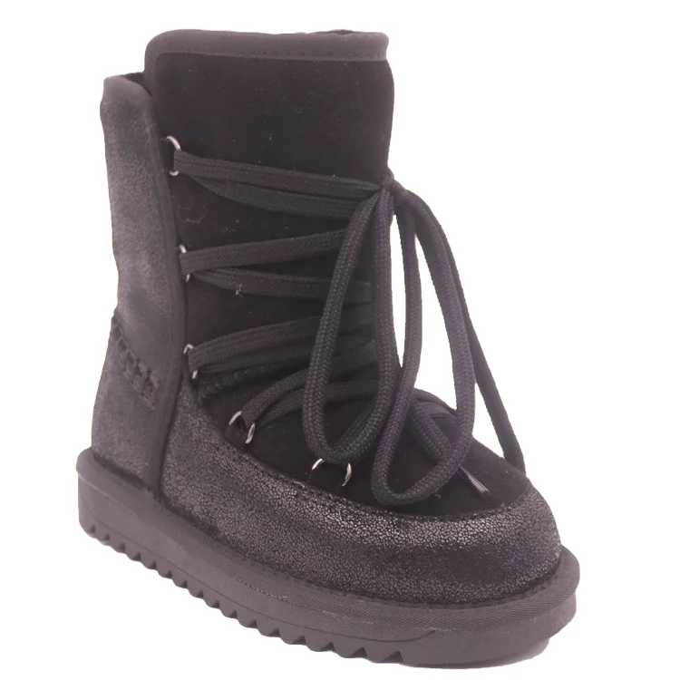 CF-131 Free Samples Non-slip TPR Sole Cow Leather Lace Up Lady Shearling Winter Boots
