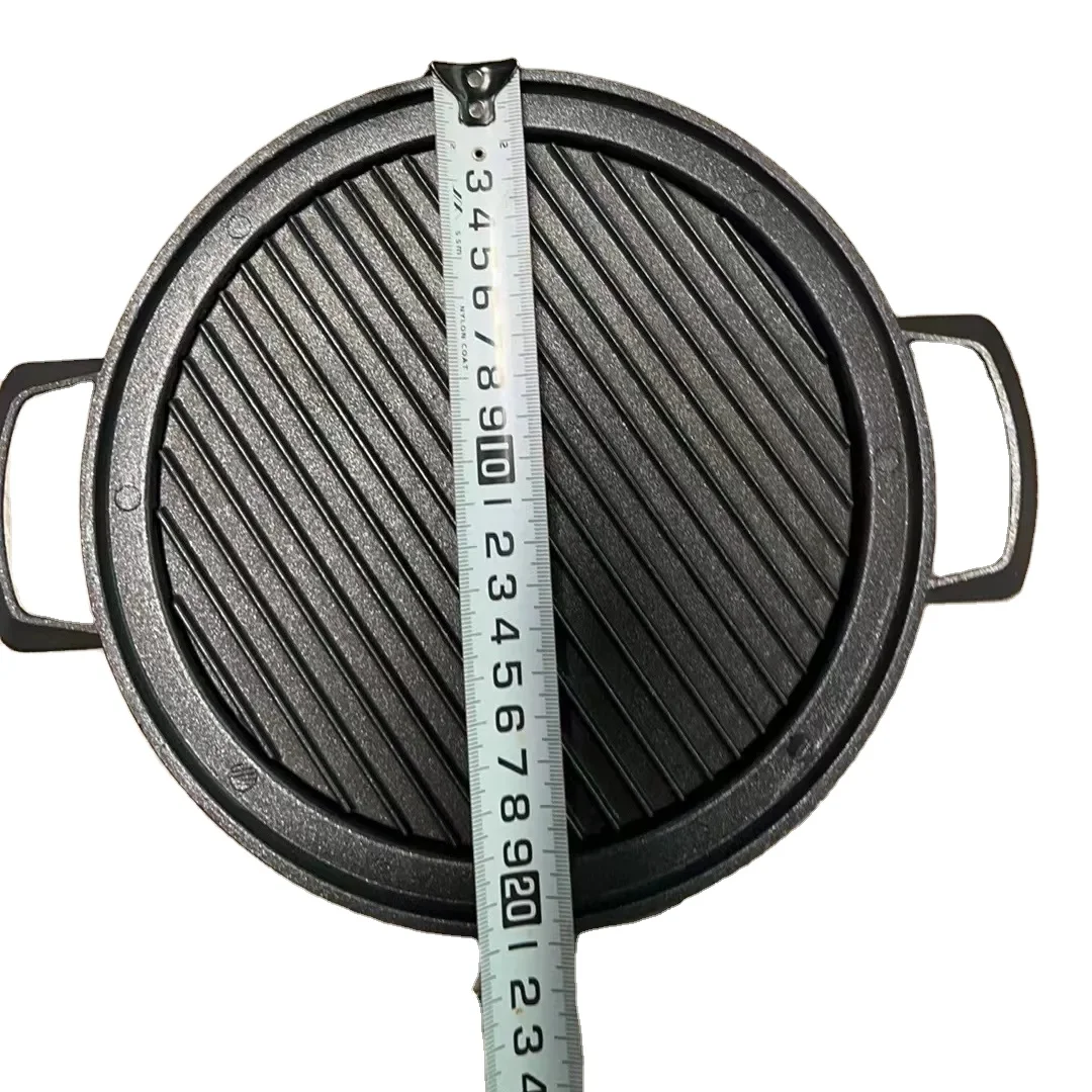 Wholesale Custom Cast Iron Cookware Round Bbq Grill Frying Pan Griddle Plate With Double-sides Griddle For Outdoor Camping