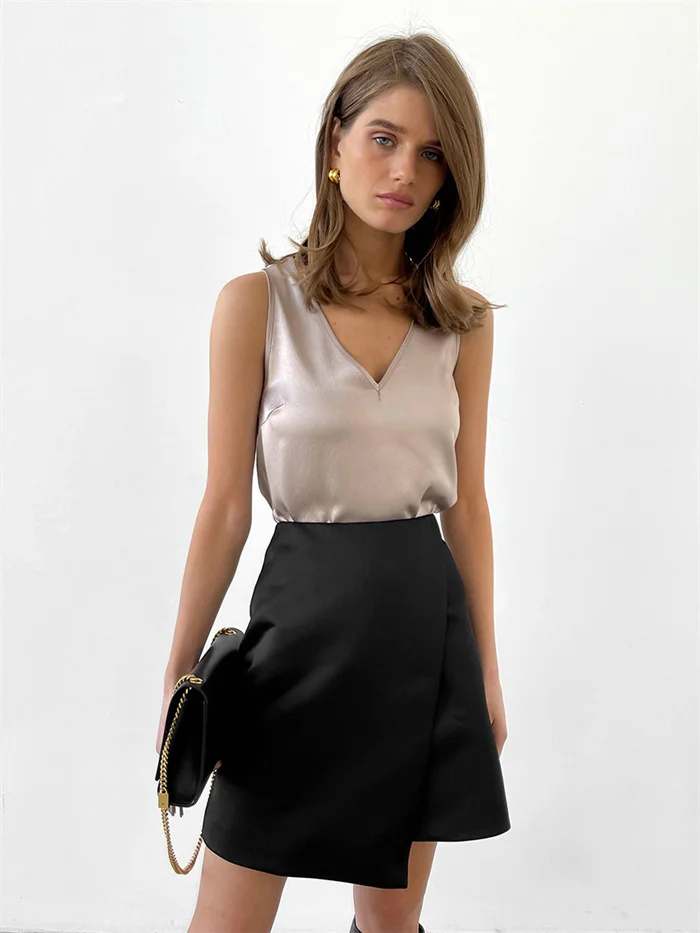Solid Streetwear Fashion Satin Skirt Pink Women Summer Asymmetrical Mini Skirts Office Black High Waist Skirts