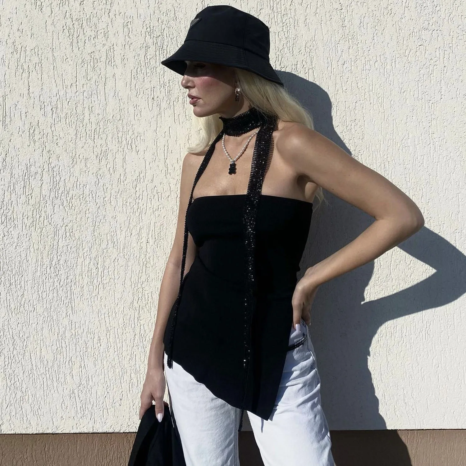 2023 Fashion Womens Top Irregular Slit T Shirt Wool Woven Wipe Chest Vest